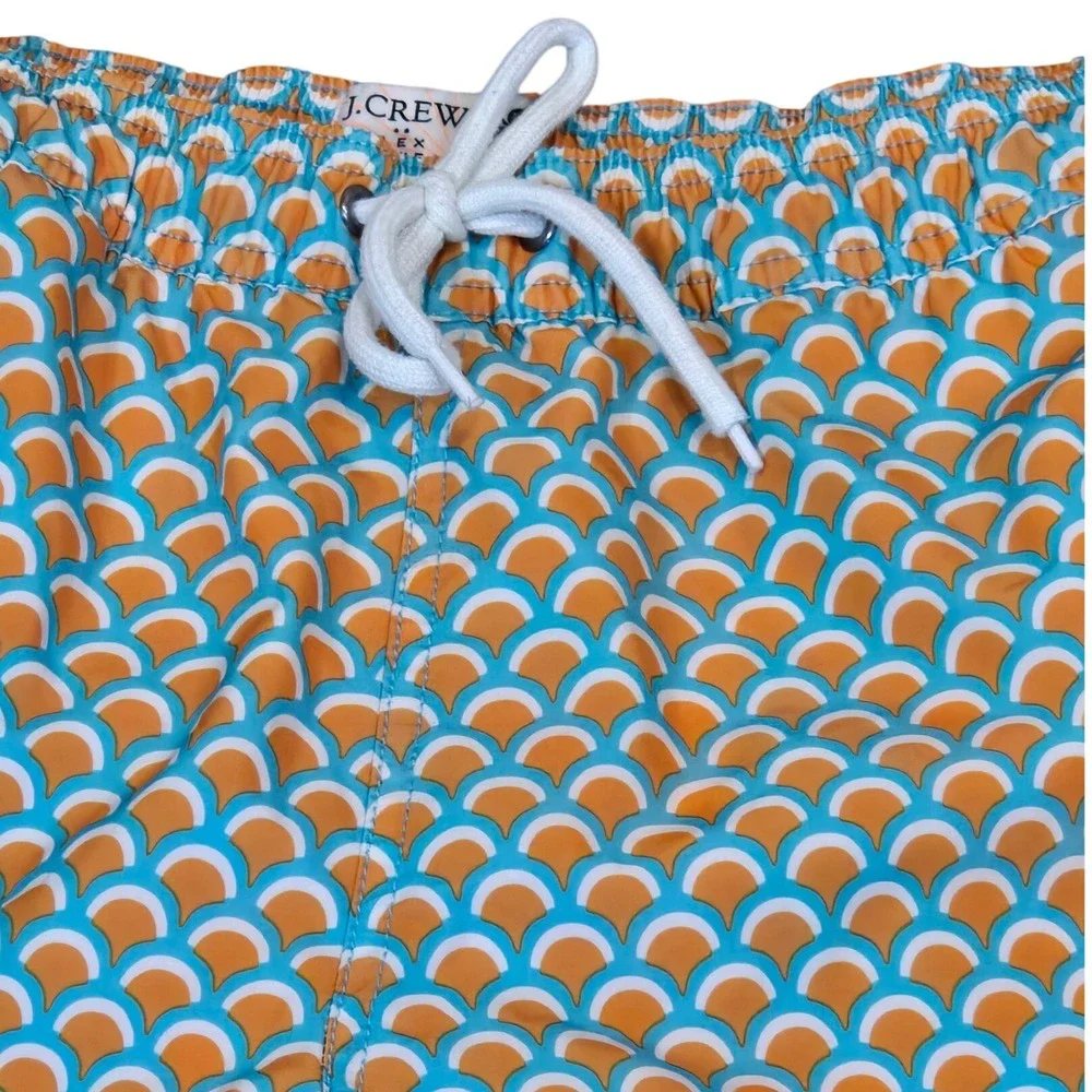J Crew Flex Swim Trunks Men's M Blue Orange Geometric Print Mesh Lined Shorts
